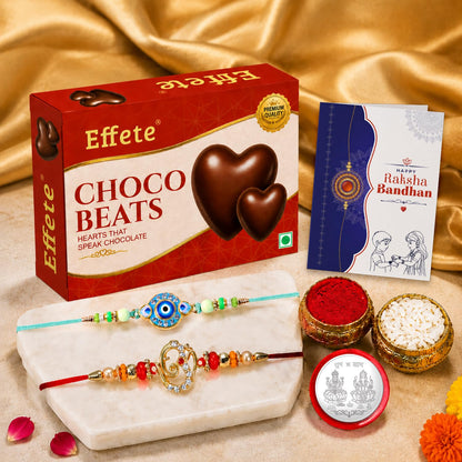 Designer Rakhi for Brother with Choco Beats 32gm, Roli Tikka & Card | Pack of 6