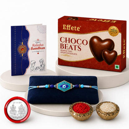 Evil Eye Rakhi for Brother with Choco Beats 32gm, Roli Tikka & Card | Pack of 5