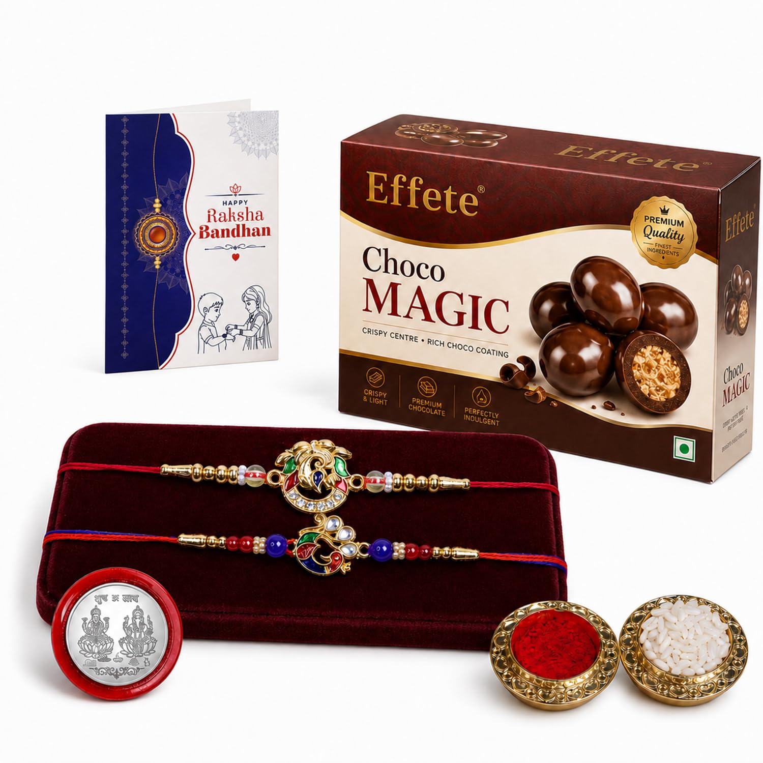 Peacock Rakhi for Brother with Choco Magic 96gm, Coin & Card, Pack of 6 | Trendy