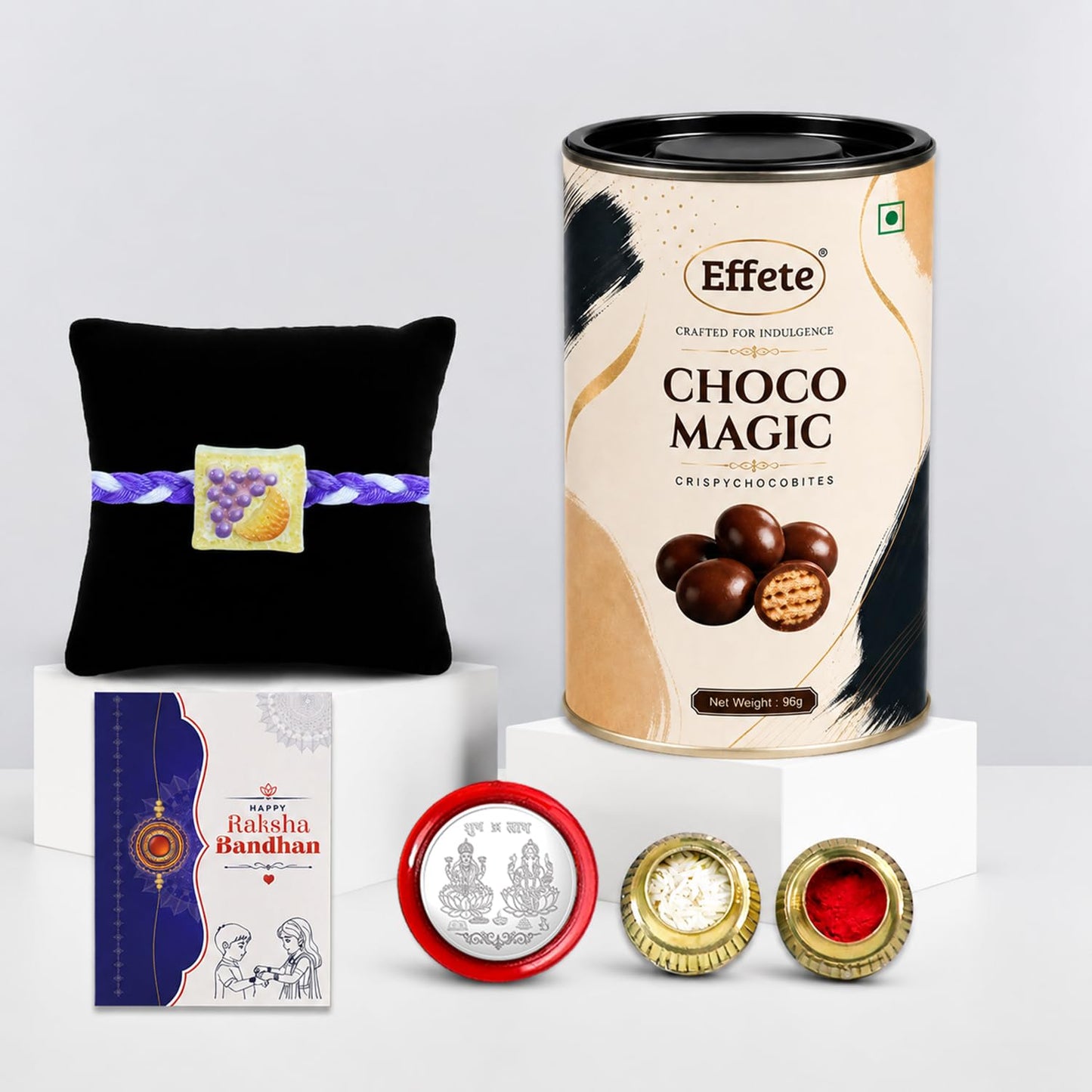Rakhi with Chocolate for Brother – Raksha Bandhan Combo with Toast Design Rakhi, Chocolate, Roli Chawal, Silver Color Pooja Coin & Greeting Card – Traditional Festival Celebration (Set of 5)