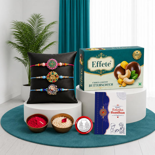 Rakhi Set for Brother (Set of 7) – Floral, Trishul & Peacock Design Rakhi Combo with Chocolate, Roli Chawal, Silver Color Coin & Greeting Card – Raksha Bandhan Hamper (K3_1024+1201+1058_BS32)