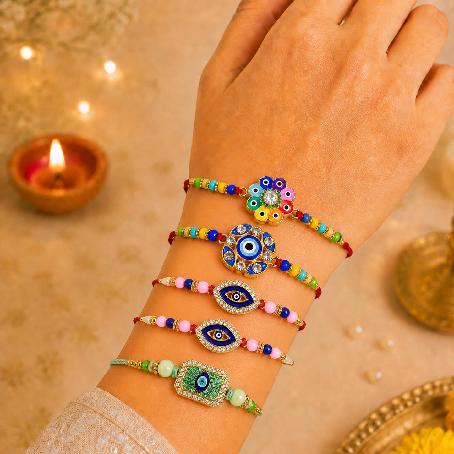 Designer Handcrafted Rakhi for Brother with Roli Tikka & Greeting Card, Pack of 8
