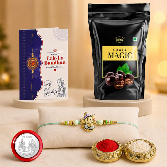 Ganesha Rakhi for Brother with Choco Magic Pouch, Roli Tikka & Card, Pack of 5