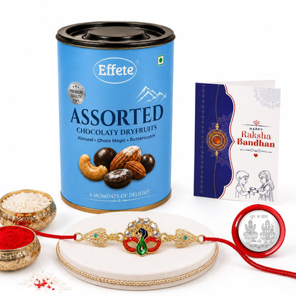 Rakhi with Chocolate for Brother – Raksha Bandhan Combo with Stylish Mor Design Rakhi, Chocolate, Roli Chawal, Silver Color Coin & Greeting Card – Traditional Festival Celebration (Set of 5)