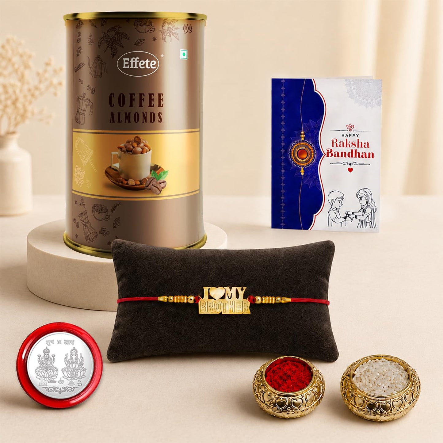 Designer Rakhi for Brother with Coffee Almond 96gm, Roli Tikka & Card, Pack of 5