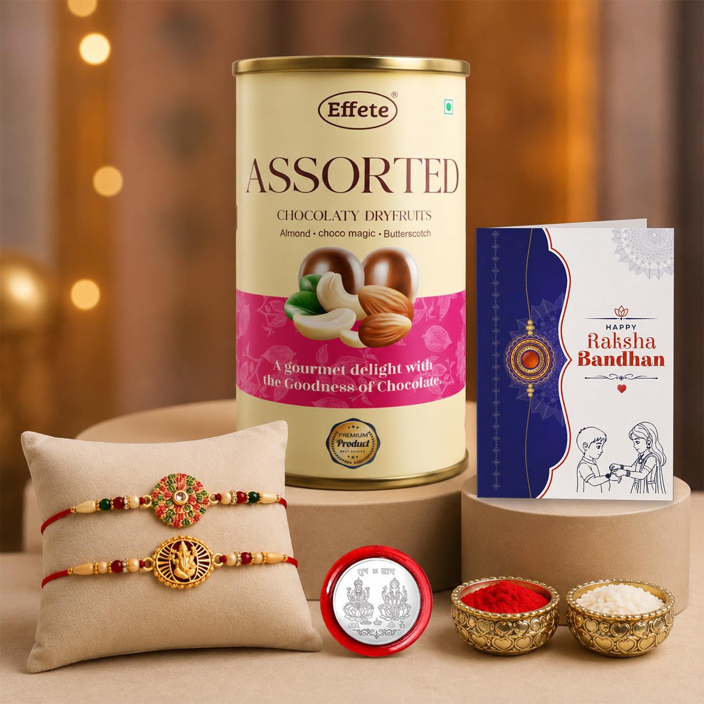 Floral Rakhi for Brother with Emperor Chocolate, Roli Tikka & Card | Pack of 6