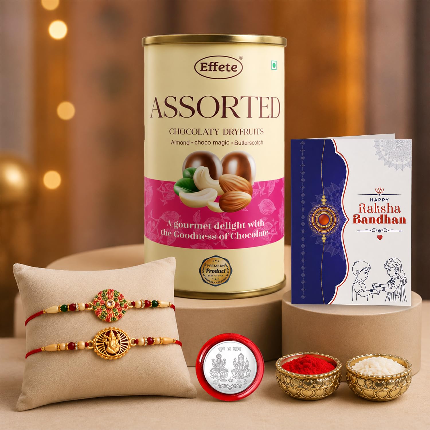Floral Rakhi for Brother with Emperor Chocolate, Roli Tikka & Card | Pack of 6