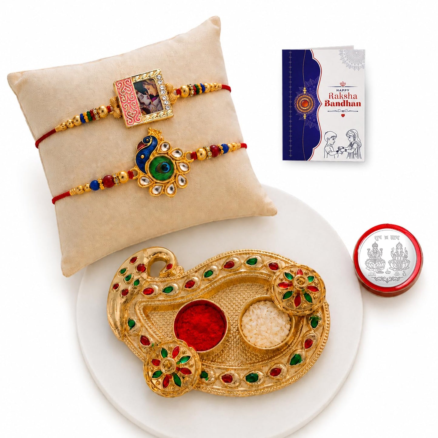 Multicolor Rakhi for Brother & Bhaiya with Art Design Pooja Thali | Pack of 6