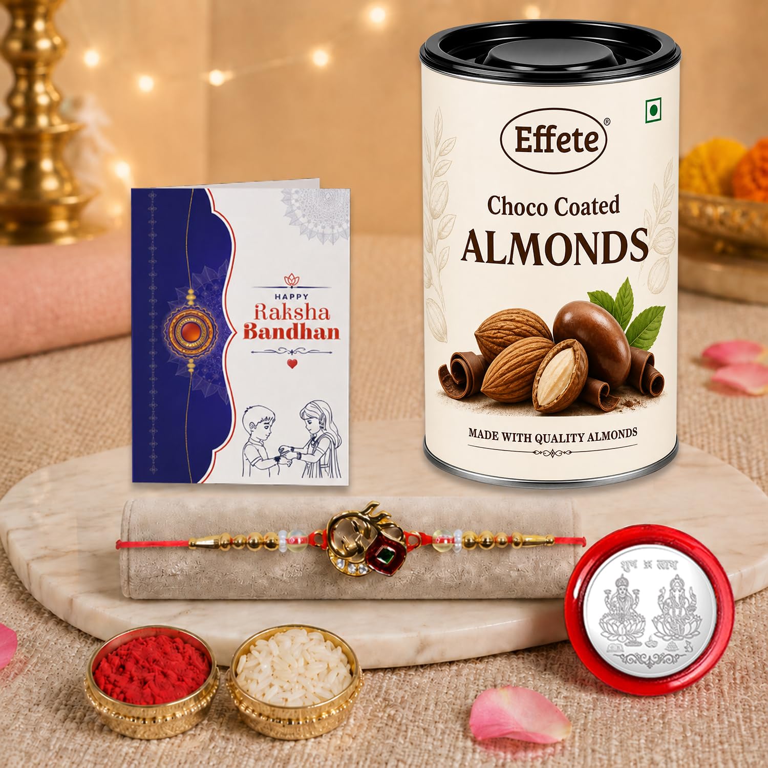 Peacock Rakhi for Brother with Choco Almonds 96gm, Roli Chawal & Card | Pack of 5