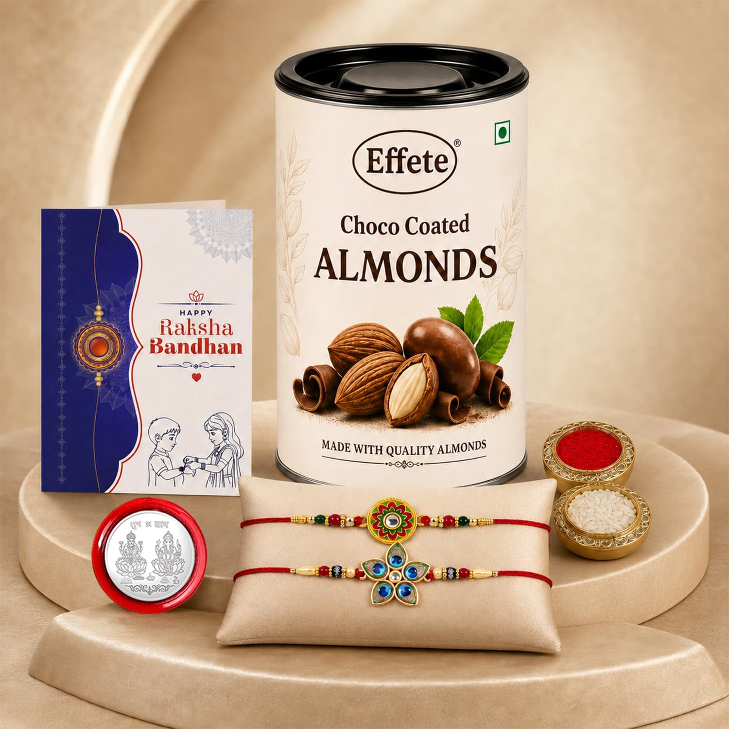 Floral Rakhi for Brother with Choco Almonds 96gm, Roli Tikka & Card, Pack of 6