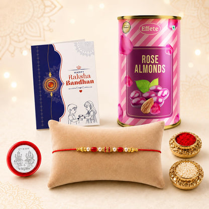 Simple Rakhi for Brother with Rose Almond 96gm, Roli Tikka & Card, Pack of 5