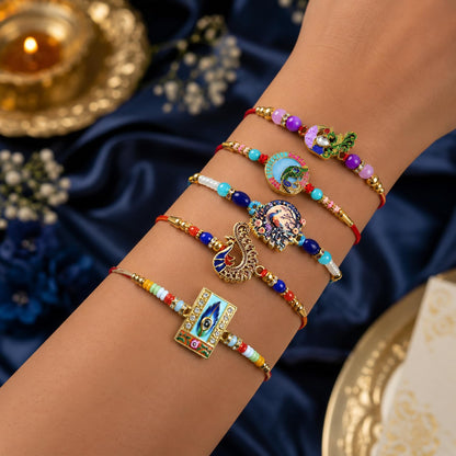 Handcrafted Sacred Rakhi for Brother with Roli Tikka & Greeting Card, Pack of 8