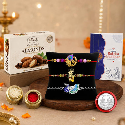 Rakhi with Chocolate for Brother (Set of 7) – Raksha Bandhan Festival Celebrations with Bal Hanuman, Feather & Peacock Design Rakhi, Chocolate, Roli Chawal, Silver Color Coin & Greeting Card