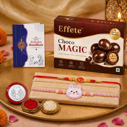 Om Rakhi for Brother with Choco Magic 96gm, Roli Tikka & Greeting Card, Pack of 6