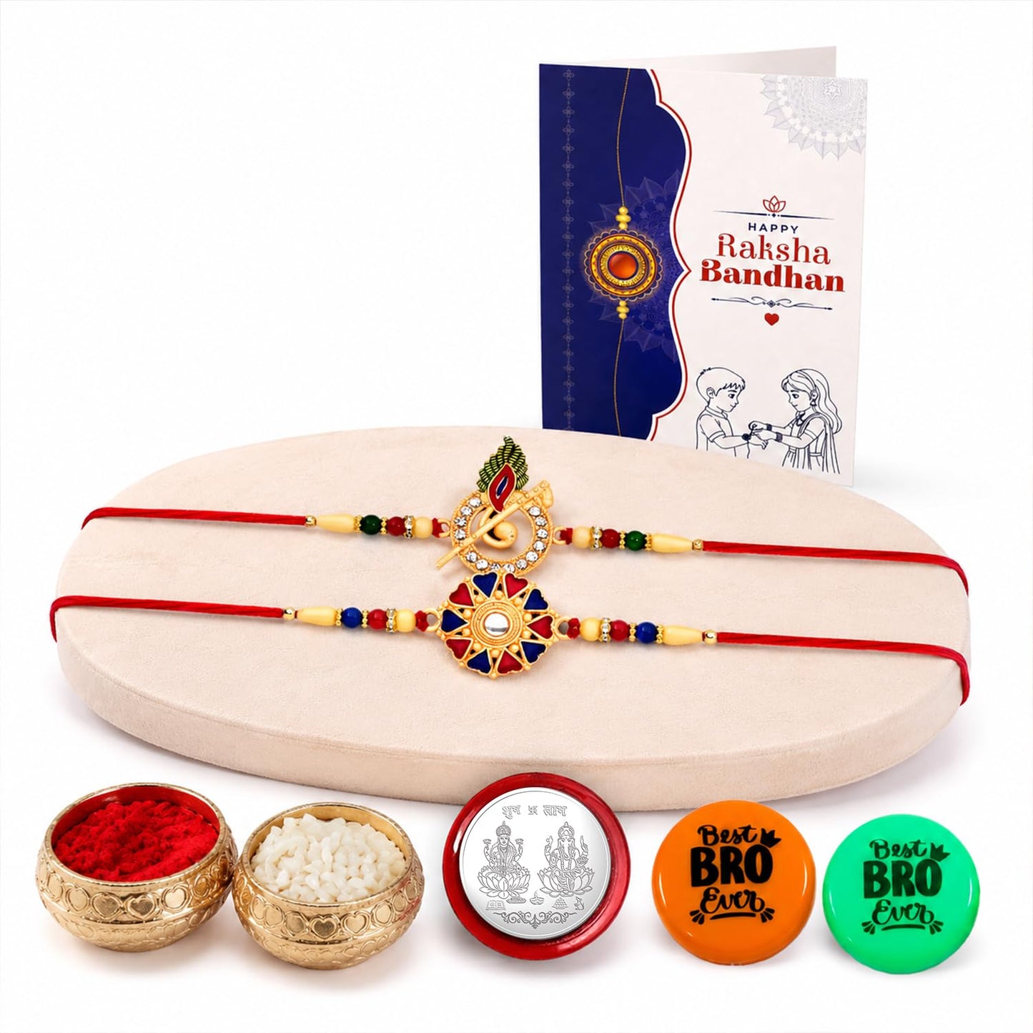 Rakhi Set for Brother (Set of 2) – Flute and Flower Design Rakhi Combo with Roli