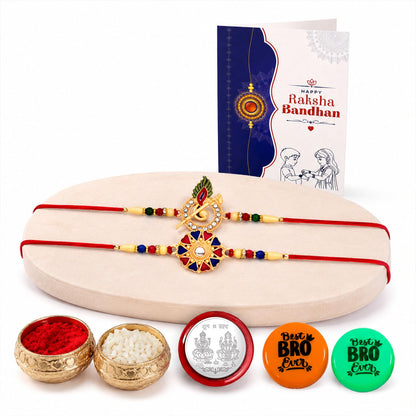 Rakhi Set for Brother (Set of 2) – Flute and Flower Design Rakhi Combo with Roli