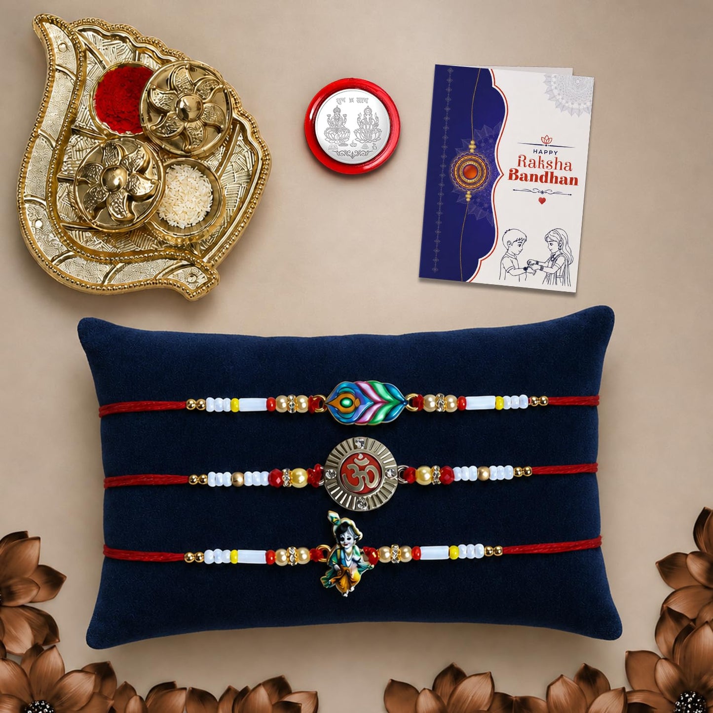 Rainbow color Rakhi for Brother with Pooja Thali, Roli Tikka & Card, Pack of 7