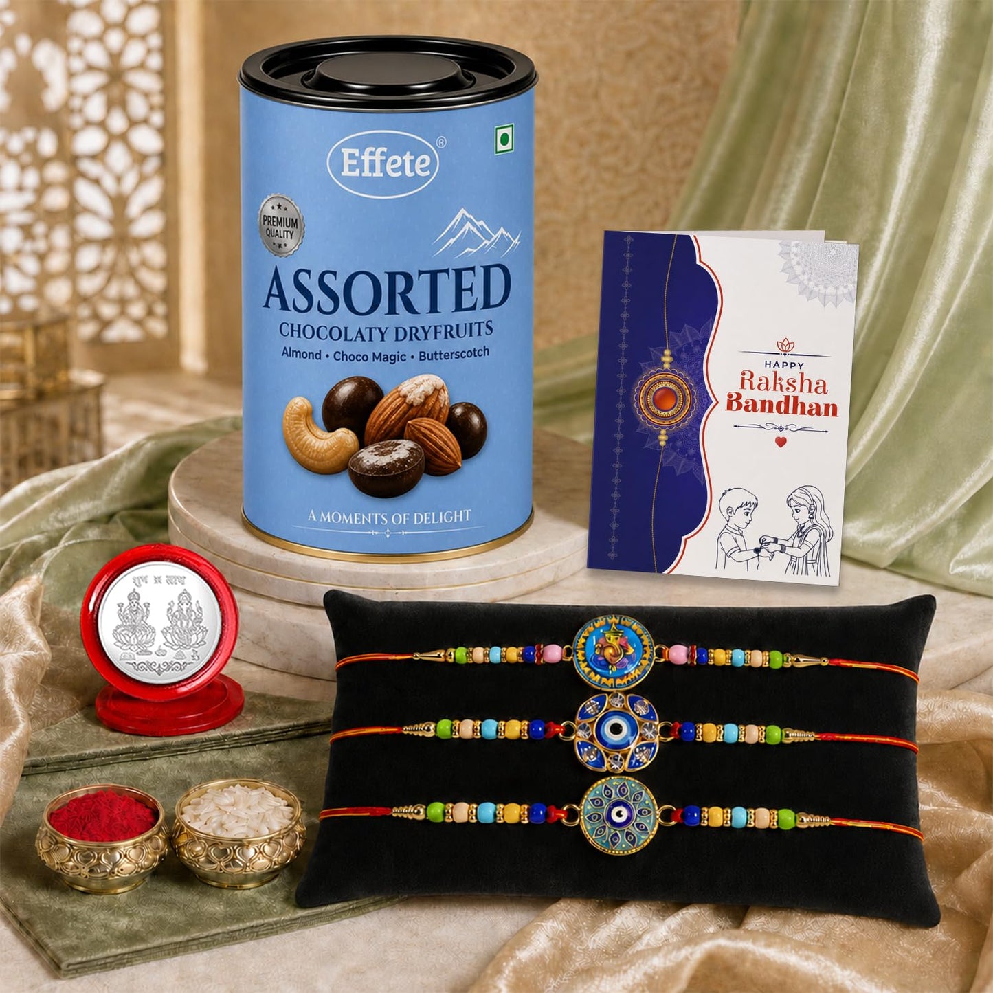 Ganesh, Evil Eye Rakhi Combo - Raksha Bandhan Gift with Assorted Choco 96gm, Pack of 7