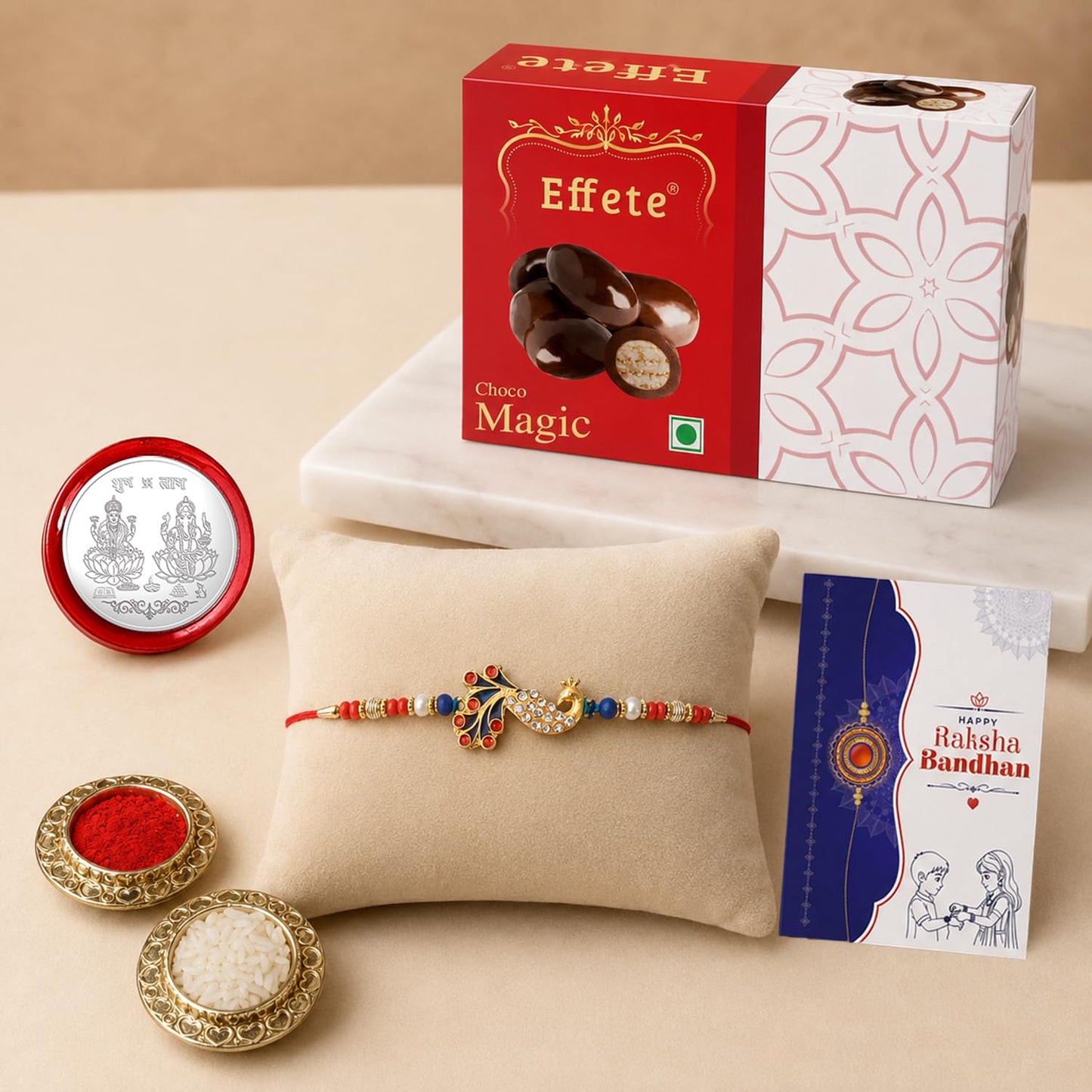 Peacock Rakhi for Brother with Chocolate Magic 32gm, Roli Tikka & Card, Pack of 5
