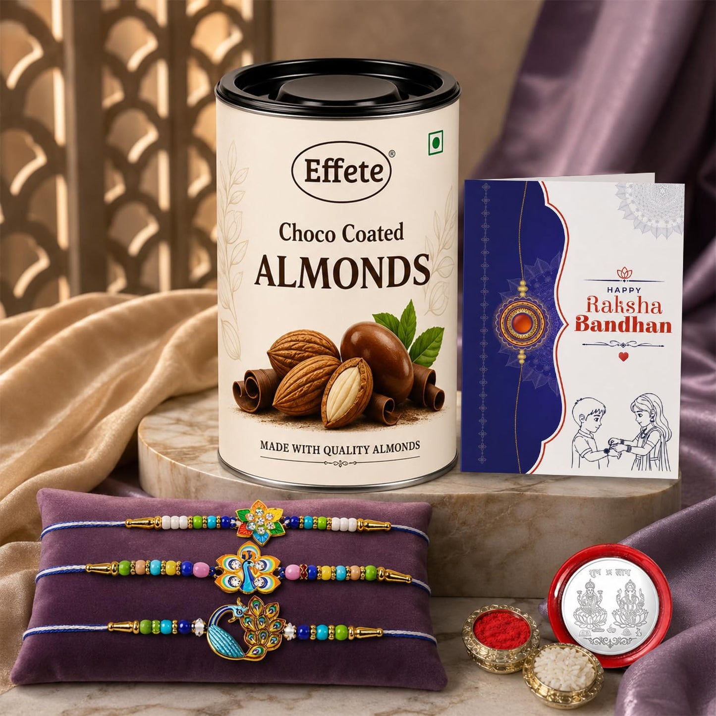 Flower, Peacock Rakhi Combo - Raksha Bandhan Gift with Choco Almonds 96gm, Pack of 7