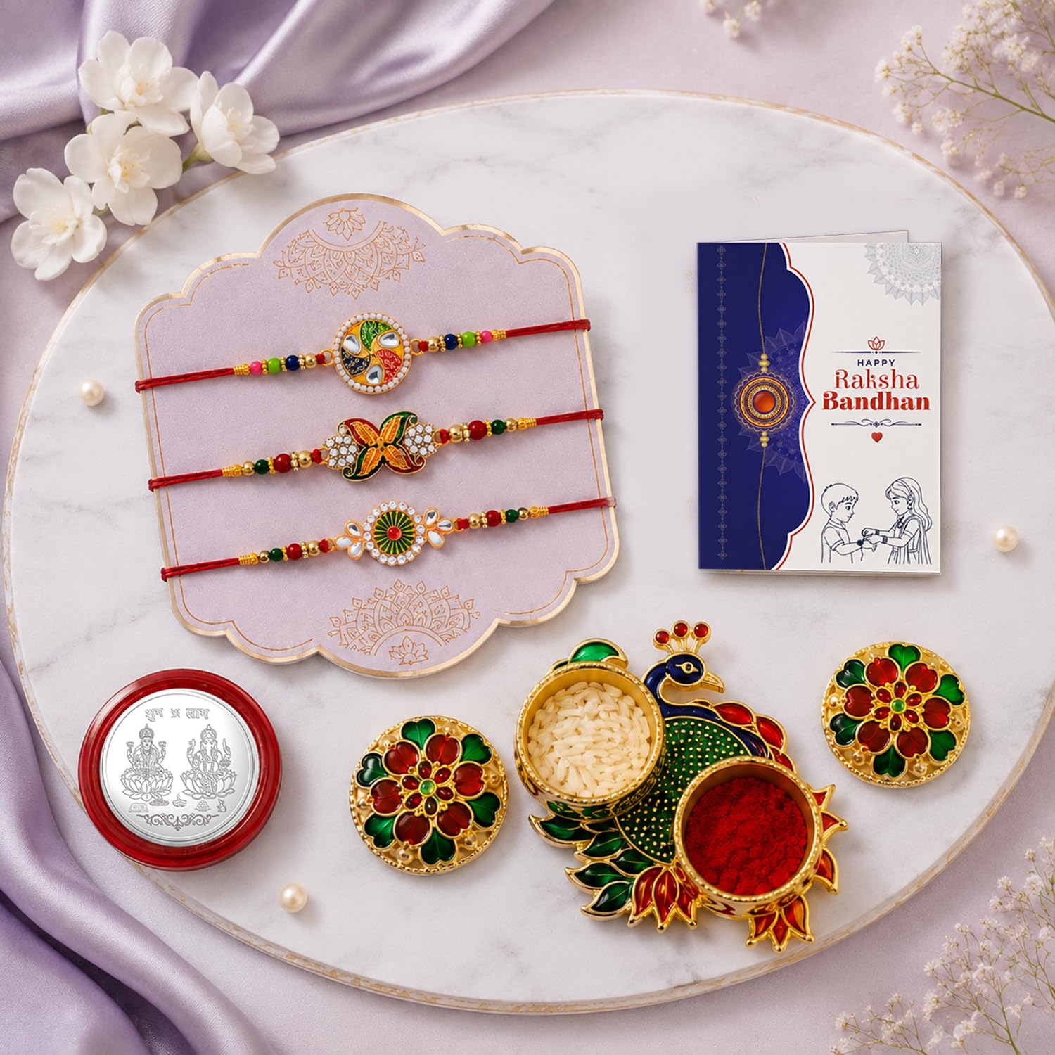 Round Rakhi for Brother with Pooja Thali - Rakshabandhan Gift Set, Pack of 7