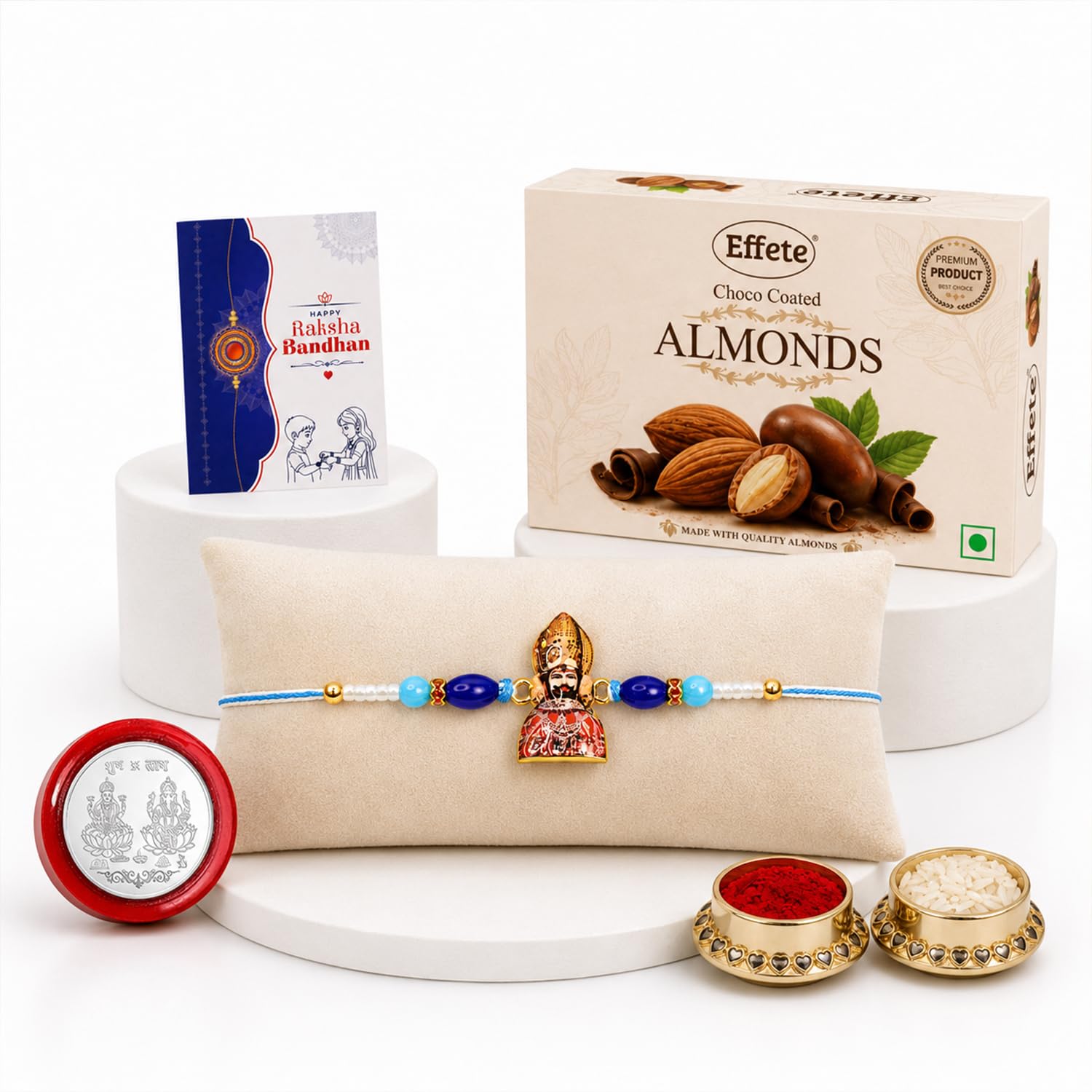 Khatu Shyam Rakhi for Brother with Chocolate Almonds 32gm, Coin & Card, Pack of 5