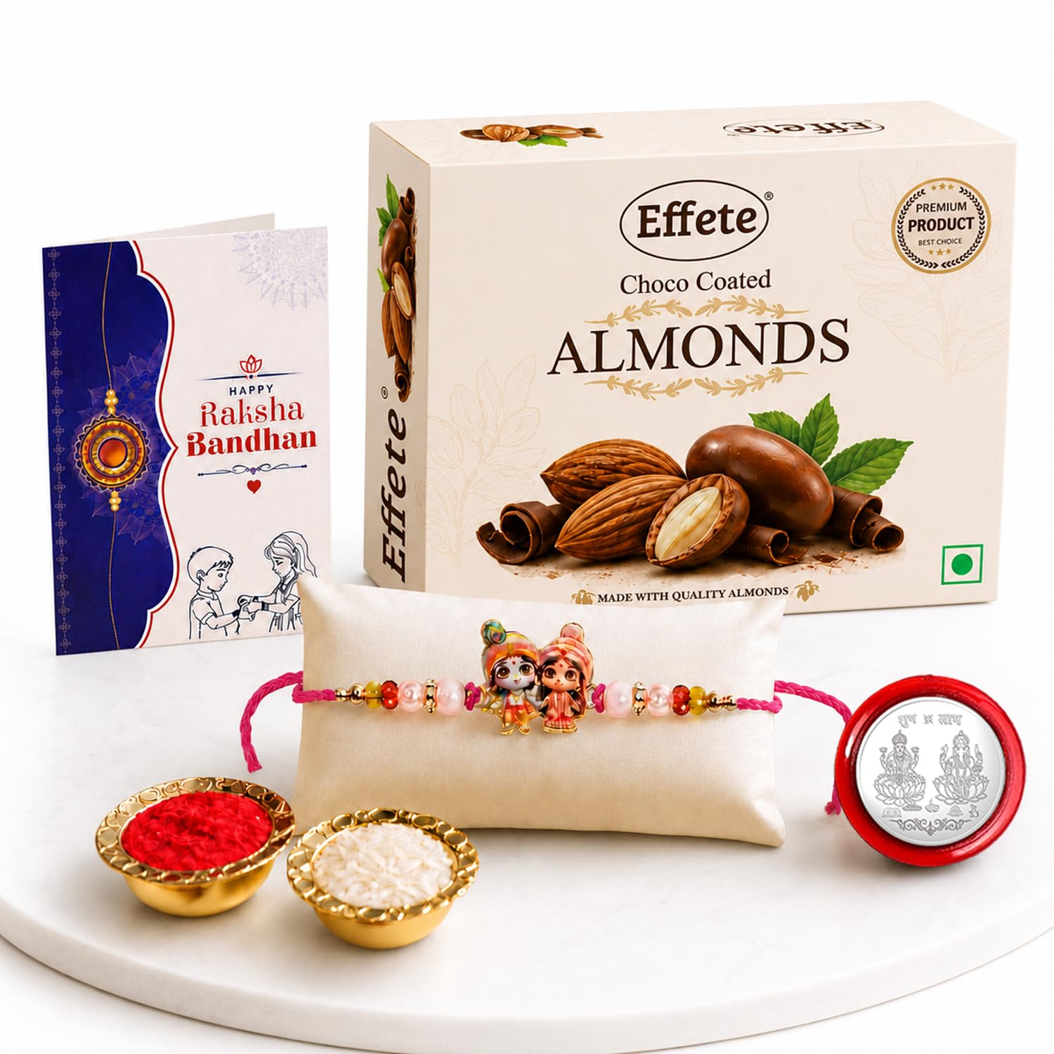 Krishna Radha Rakhi for Brother with Choco Almonds 32gm, Coin & Card, Pack of 5
