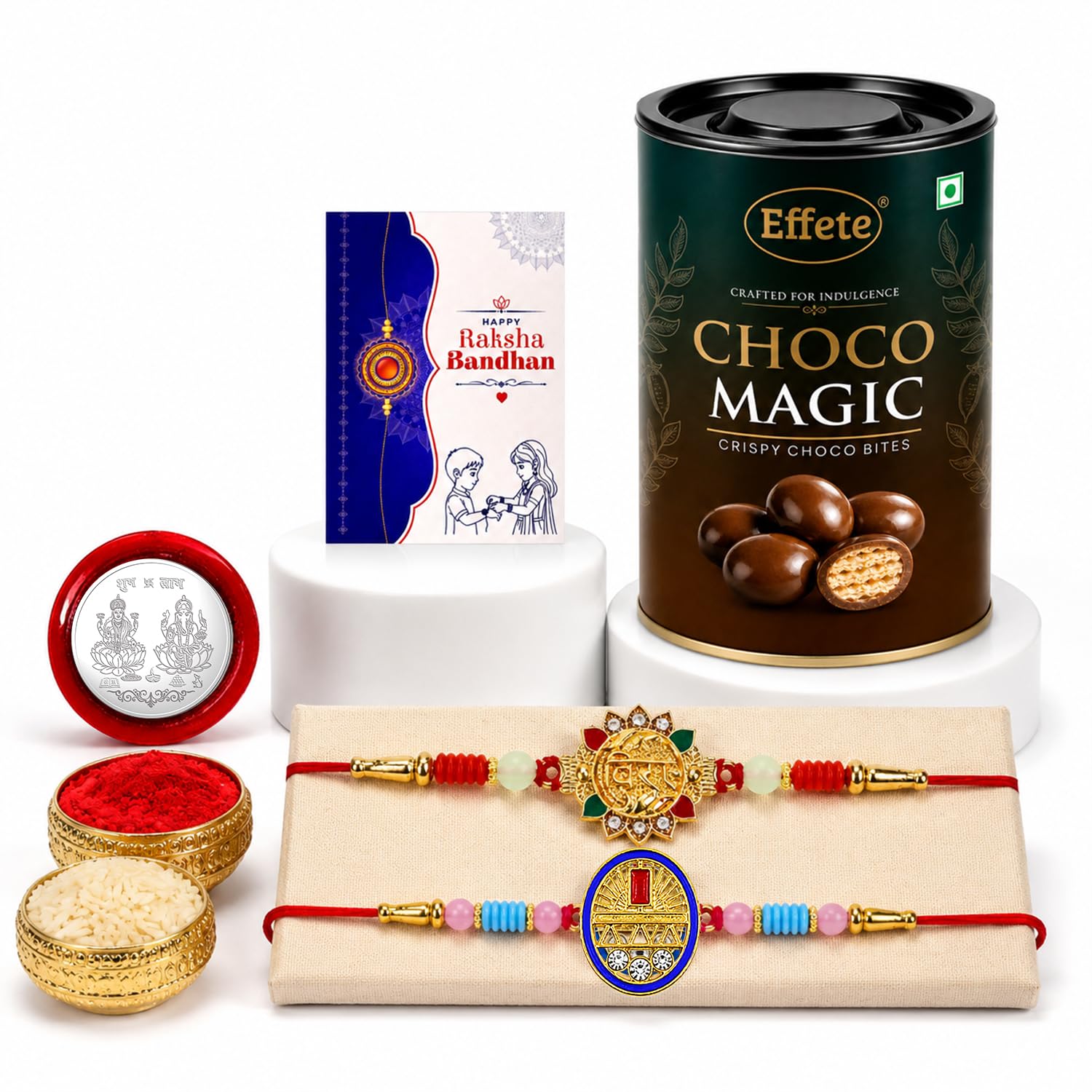 Om Rakhi for Brother with Chocolate Magic 96gm, Roli Tikka & Card | Pack of 6