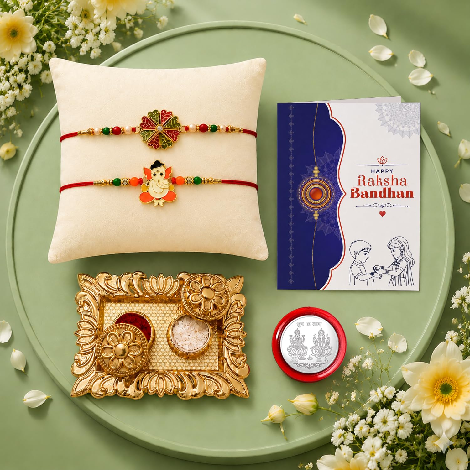 Flower Rakhi for Brother with Pooja Thali, Roli Tikka & Greeting Card - Pack of 6