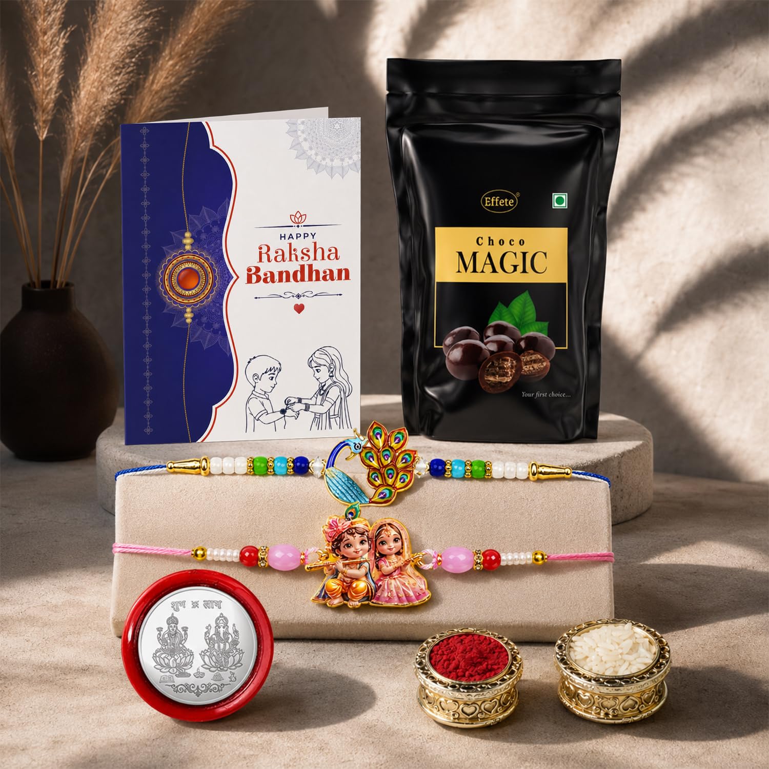Krishna Radha Rakhi Combo - Raksha Bandhan Gift with Choco Magic Standy Pouch, Pack of 6