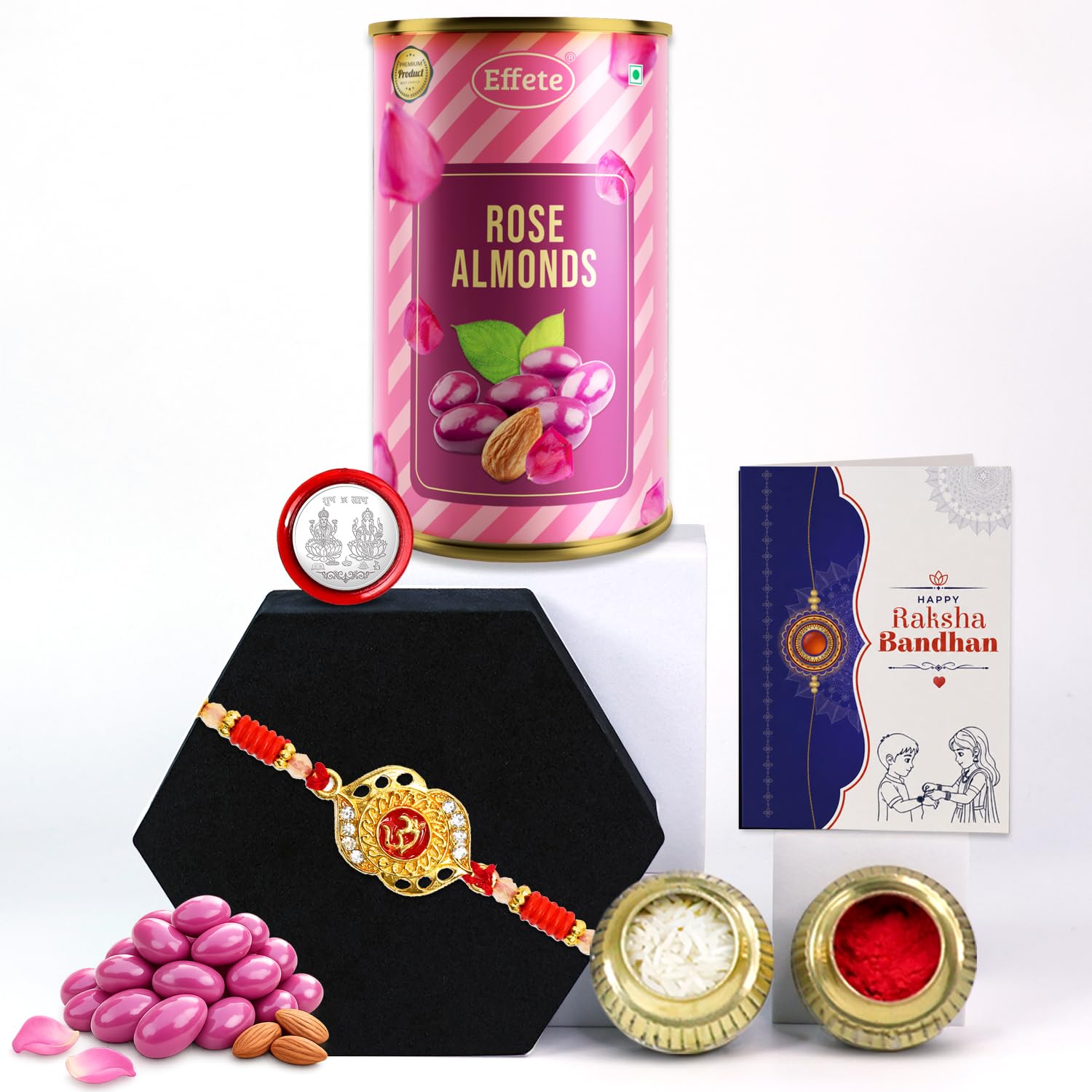 Brother Gift Kit Rakhi for Brother with Rose Almond 96gm, Coin & Card, Pack of 5