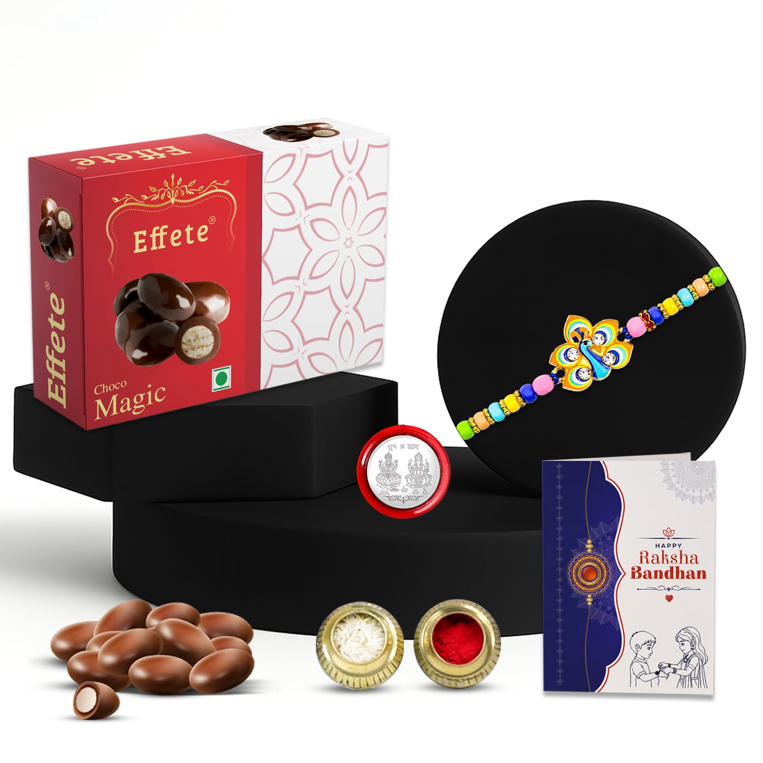 Festive Style Rakhi for Brother with Chocolate Magic 32gm, Coin & Card, Pack of 5