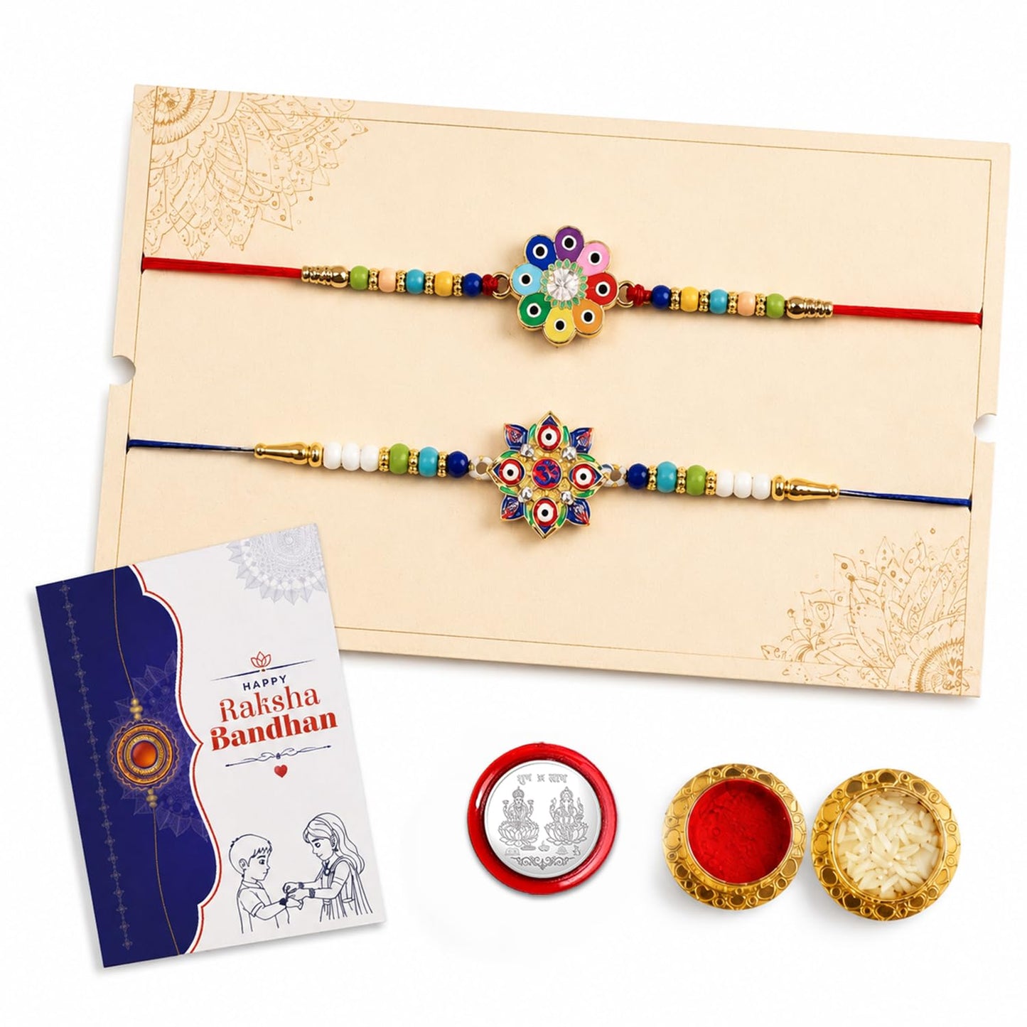 Ethnic Multicolor Rainbow Daisy Rakhi for Brother with Roli Tikka, Pack of 5