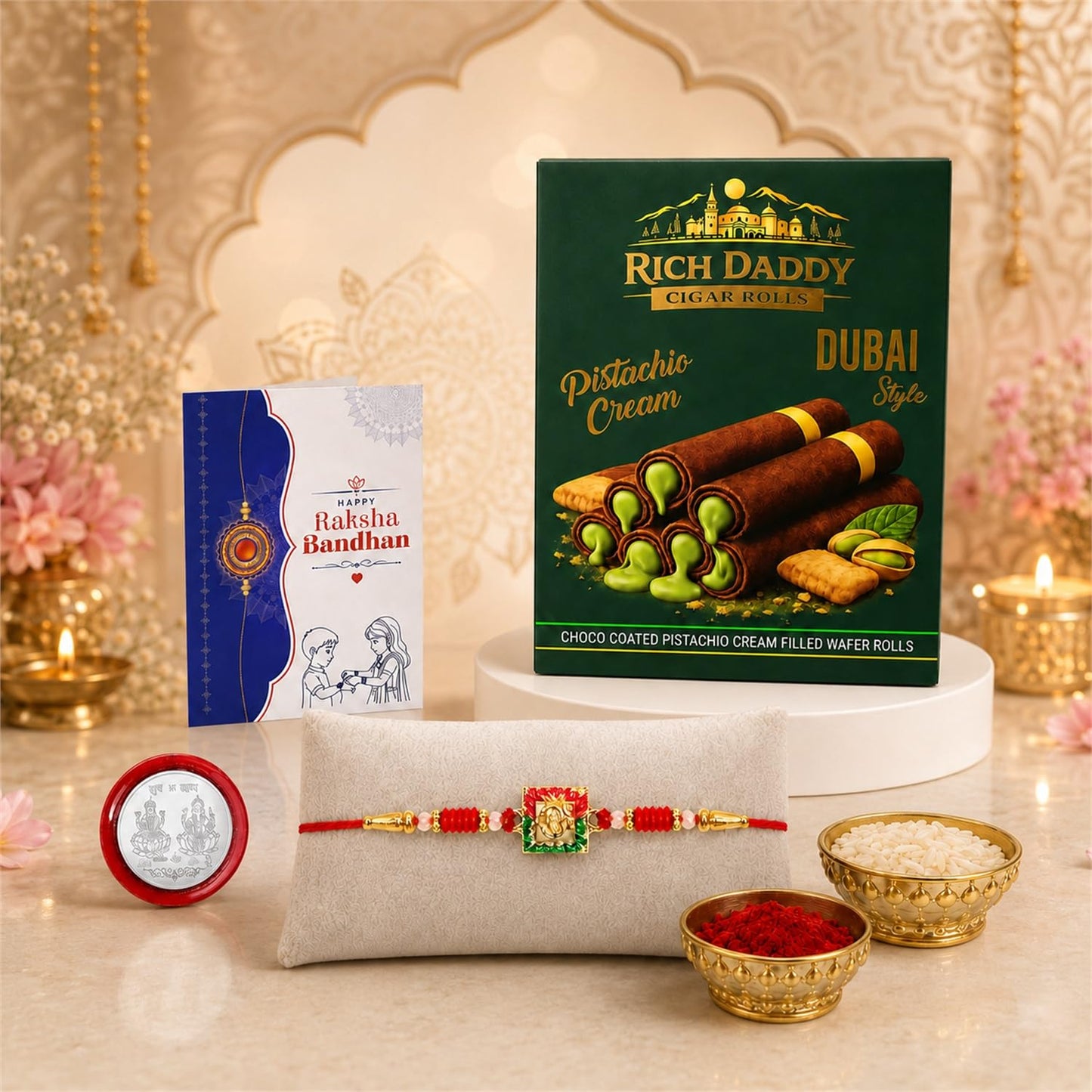 Deity Rakhi for Brother with Pistachio Wafer Rolls, Roli Tikka & Card, Pack of 5