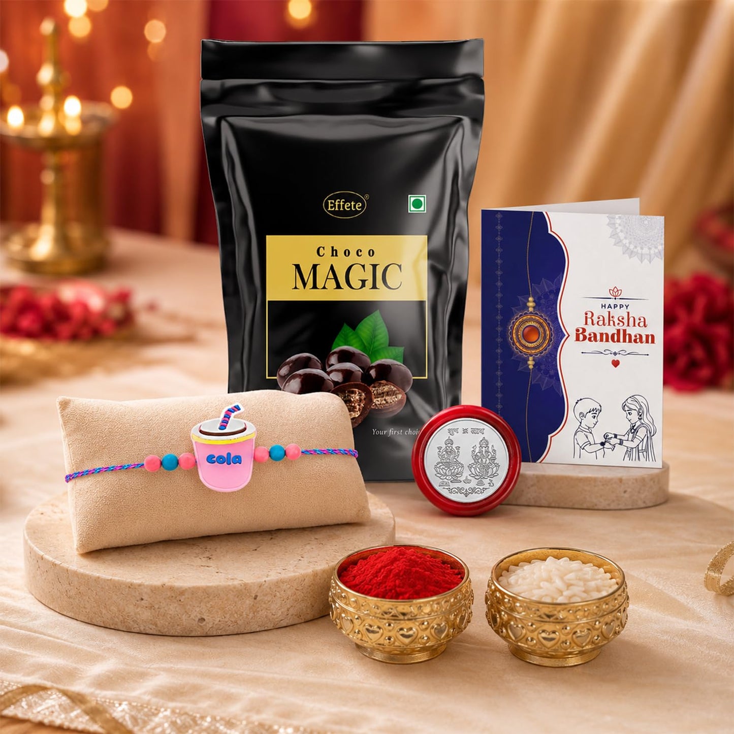 Mug Rakhi for Brother with Choco Magic Pouch, Roli Chawal & Card, Pack of 5