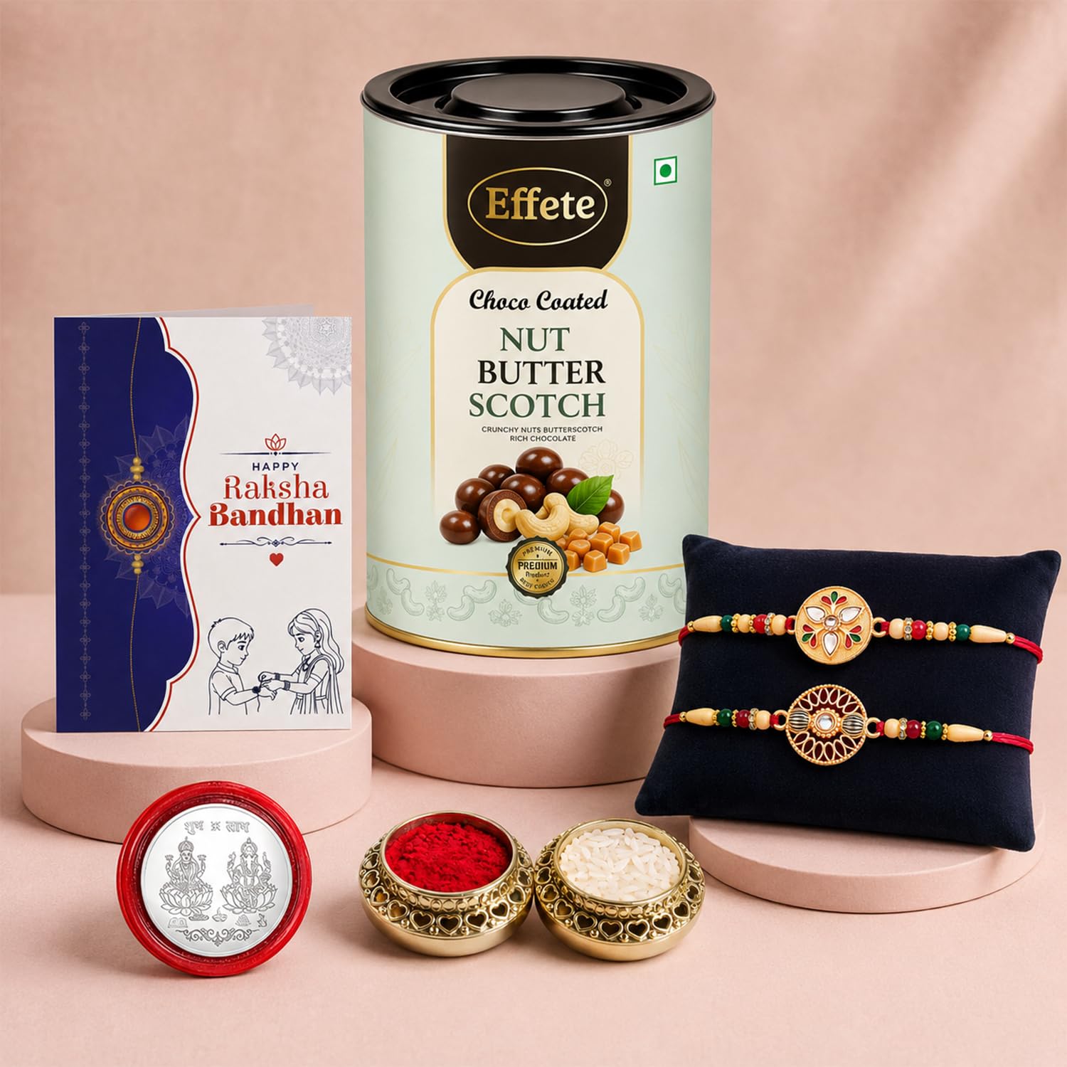 Round Rakhi for Brother with Butter Scotch 96gm, Roli Tikka & Card, Pack of 6