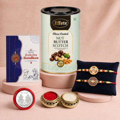Round Rakhi for Brother with Butter Scotch 96gm, Roli Tikka & Card, Pack of 6