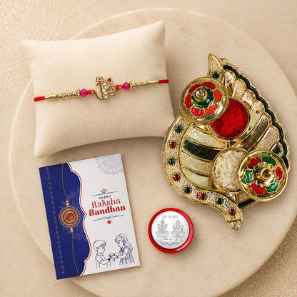Om Multicolor Rakhi for Brother & Bhaiya with Leaf Shape Pooja Thali | Pack of 5