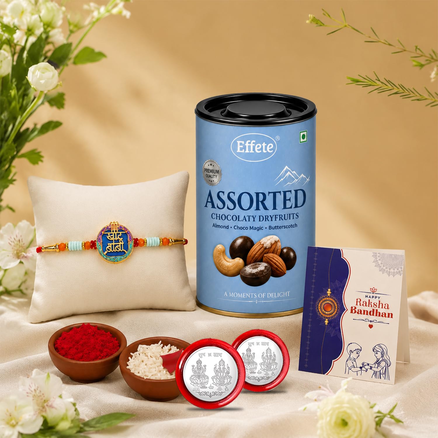 Khatu Baba Rakhi for Brother with Choco Dryfruits 96gm, Coin & Card, Pack of 5