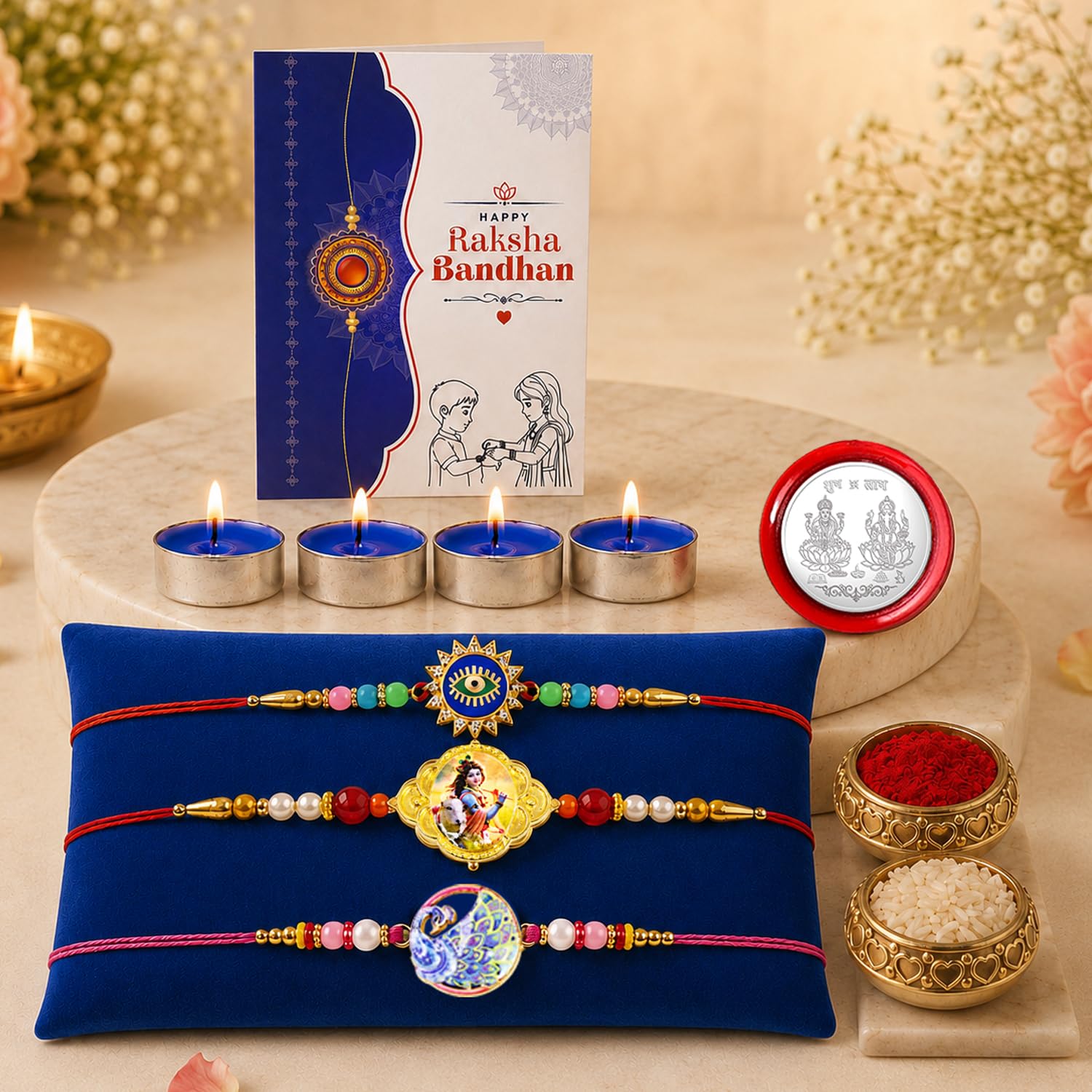 Evil Eye Rakhi for Brother with Candles 4pcs, Roli Tikka & Card, Pack of 7
