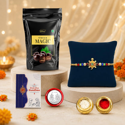 Rakhi with Chocolate for Brother – Raksha Bandhan Combo with Turtle Rakhi, Chocolate, Roli Chawal, Silver Color Pooja Coin & Greeting Card – Traditional Festival Celebration Set (Pack of 5)
