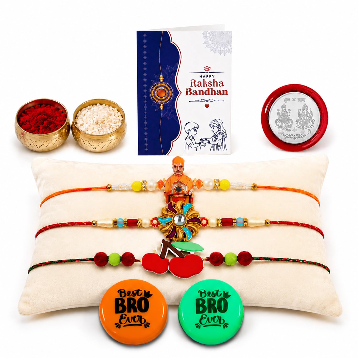 Multicolor Rakhi Deity Charm,Kundan,Cherry Charm & Multicolour | Pack of 8