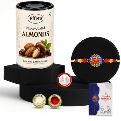 Om Rakhi for Brother with Chocolate Almonds 96gm, Roli Chawal & Card, Pack of 5