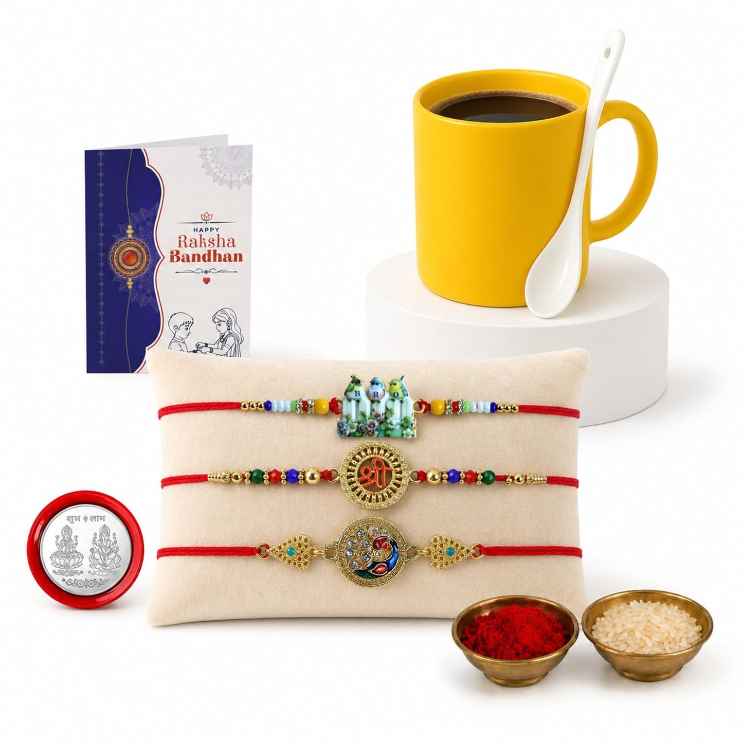 Bird Multicolor Rakhi & Coffee Mug – Raksha Bandhan Gift Combo for Bhai (Pack of 7)