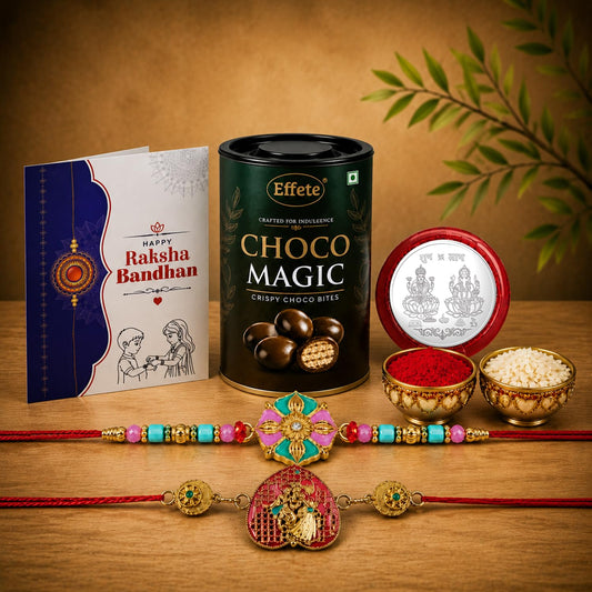 Rakhi Set for Brother (Set of 6) – Floral & Radha Krishna Design Rakhi Combo with Chocolate, Roli Chawal, Silver Color Pooja Coin & Greeting Card – Raksha Bandhan Hamper (K2_1034+1716_EM96)