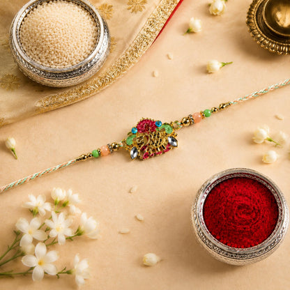 Kundan Multicolor Rakhi for Brother & Bhaiya with Turtle shape Pooja | Pack of 5