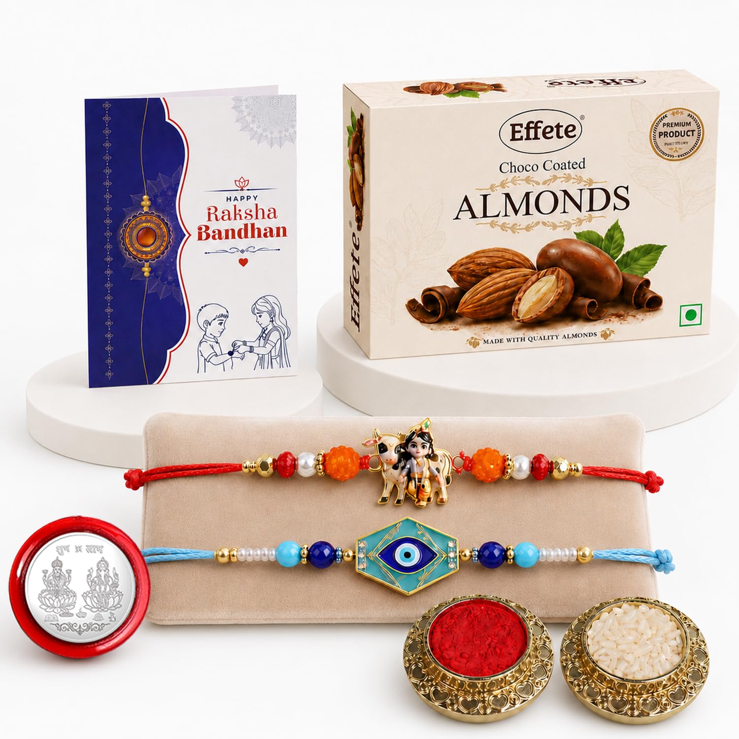 Krishna Cow, Evil Eye Rakhi Combo - Raksha Bandhan Gift with Choco Almonds 32gm, Pack of 6