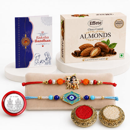 Krishna Cow, Evil Eye Rakhi Combo - Raksha Bandhan Gift with Choco Almonds 32gm, Pack of 6