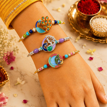 Designer Ethnic Multicolor Peacock Rakhi for Brother with Roli Tikka, Pack of 6