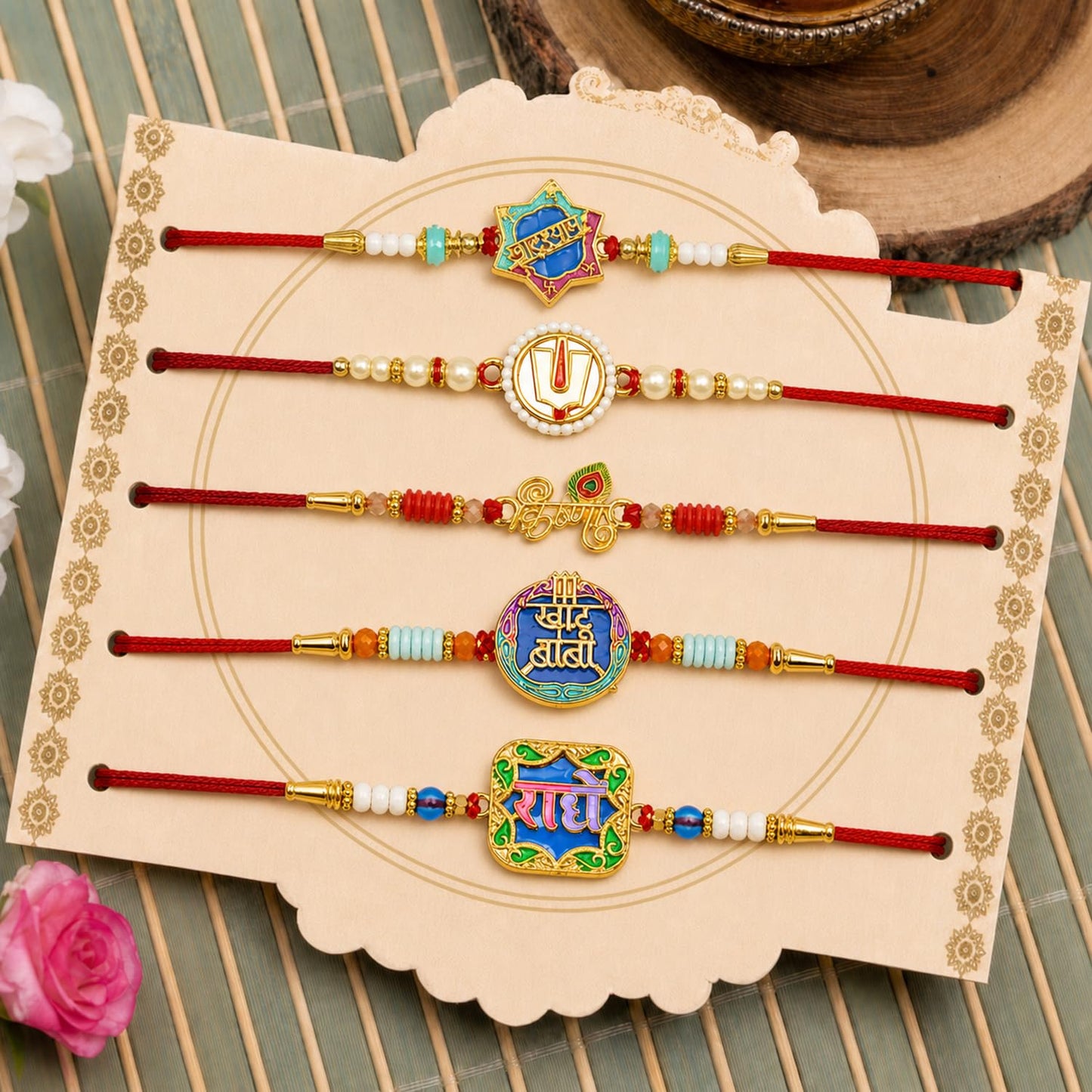 Elegant Trendy Rakhi for Brother with Roli Tikka, Pooja Coin & Card, Pack of 8